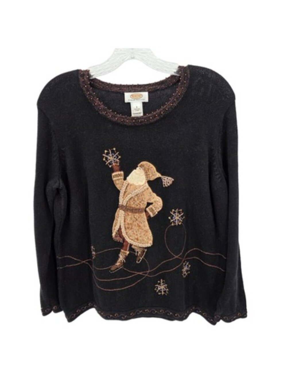 Vintage Talbots Christmas Sweater Ice Skating Santa L Black Beaded Embroidered